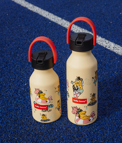 Botella infantil amarilla motivo unicornio asa roja Hello Hossy