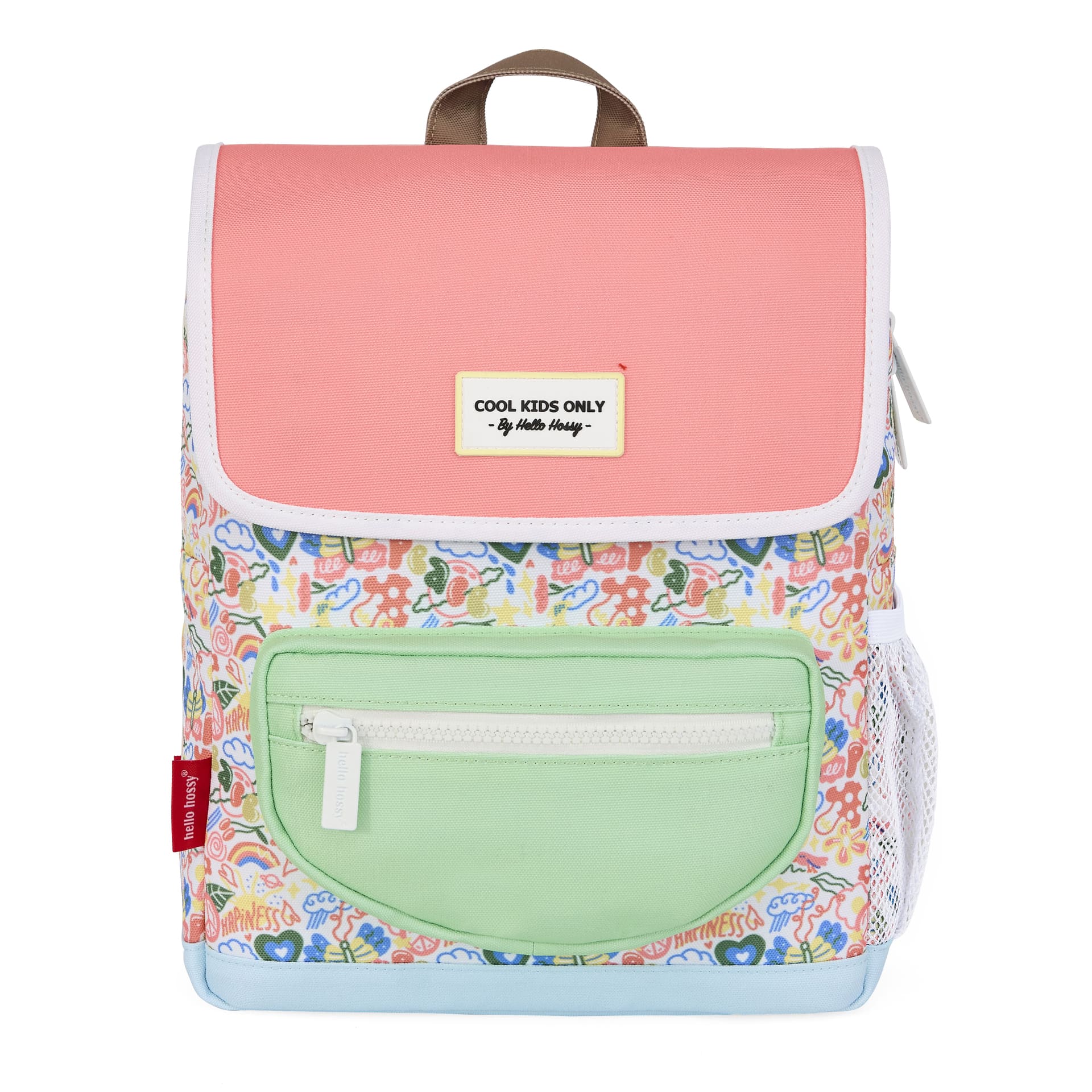 Mochila infantil blanco rosa estampado flores bolsillo verde Hello Hossy