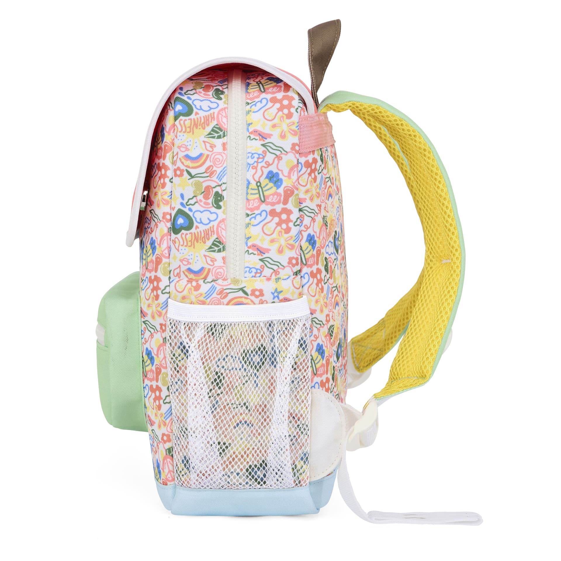 Mochila infantil estampado flores multicolores bolsillo de malla Hello Hossy