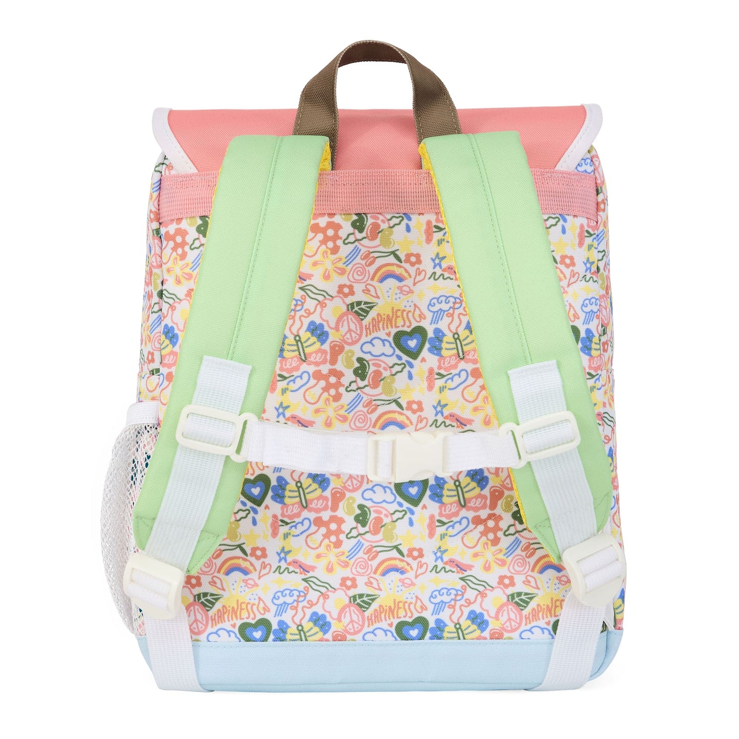 Mochila infantil blanco rosa estampado flores tirantes verdes Hello Hossy