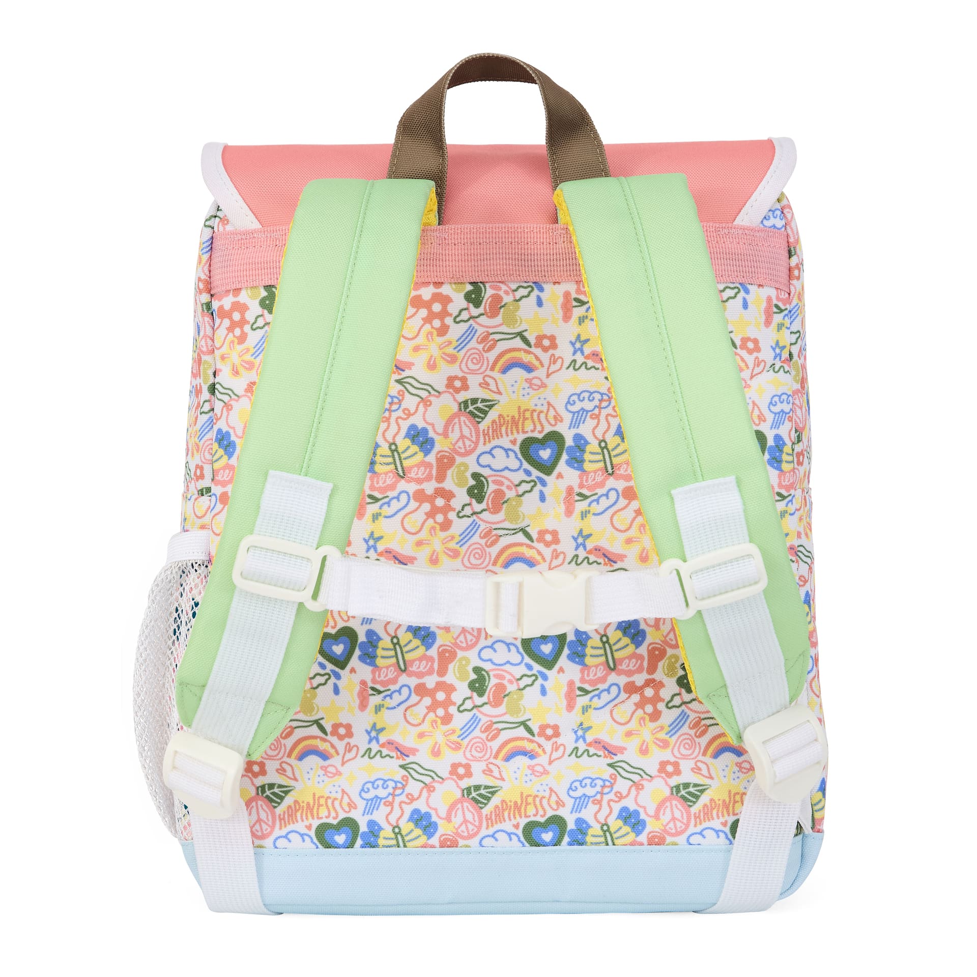 Mochila infantil blanco rosa estampado flores tirantes verdes Hello Hossy