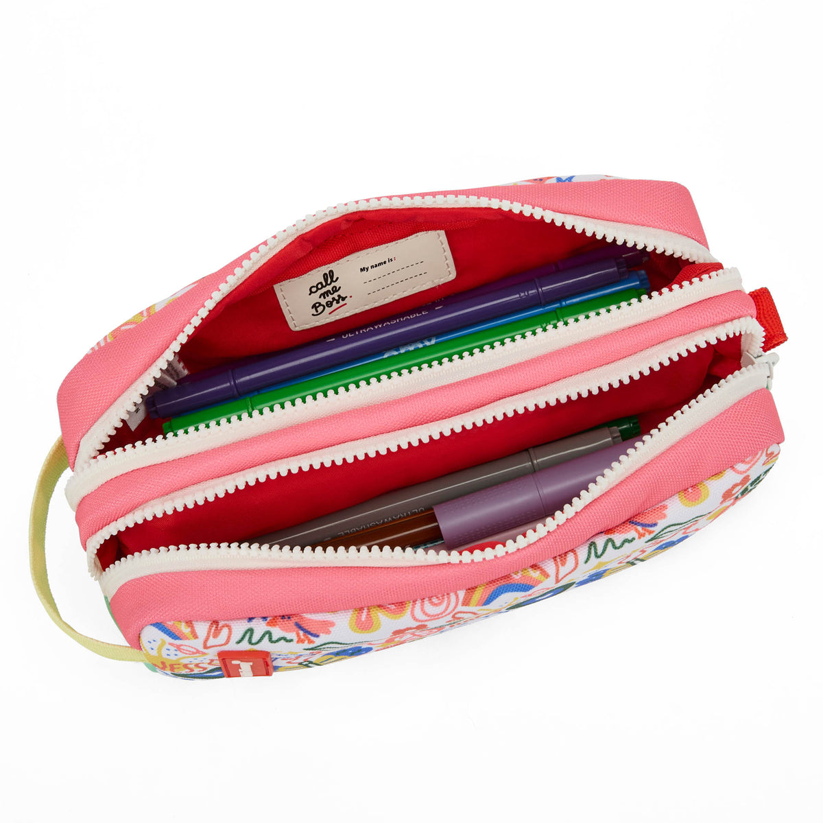 Estuche Escolar infantil blanco rosa estampado arte flores doble compartimento Hello Hossy