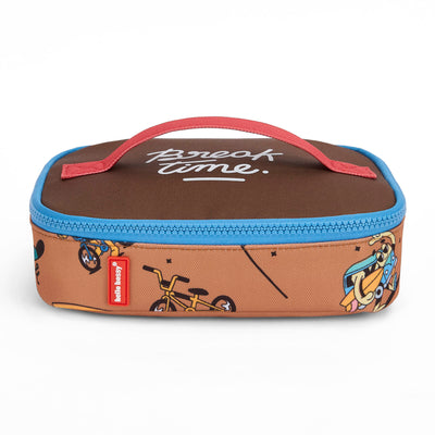 Sac repas enfant marron motif mascotte vélo zip bleu Hello Hossy