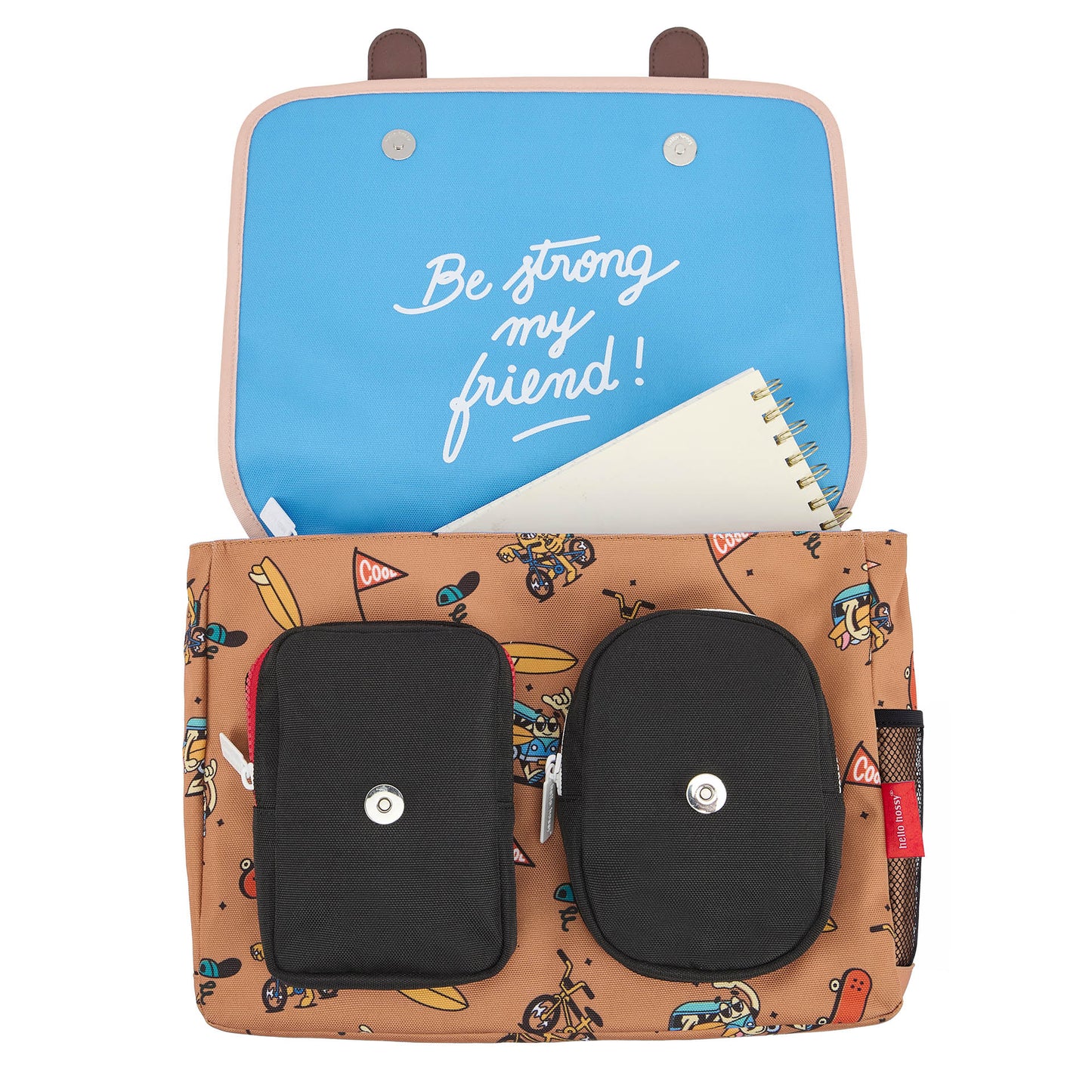 Cartera Escolar infantil marrón motivo mascota bicicleta bolsillo negro Hello Hossy