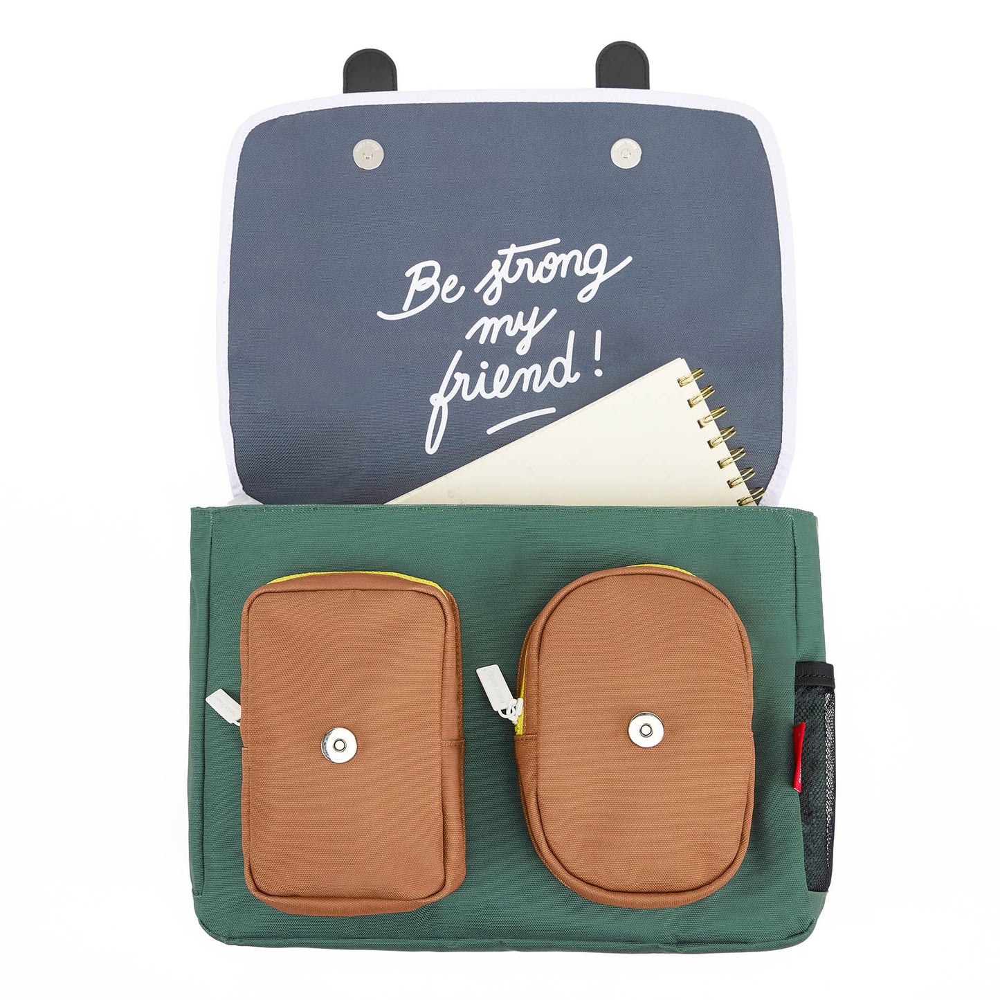 Cartera Escolar infantil verde con bolsillos marrón cierre de presión Hello Hossy