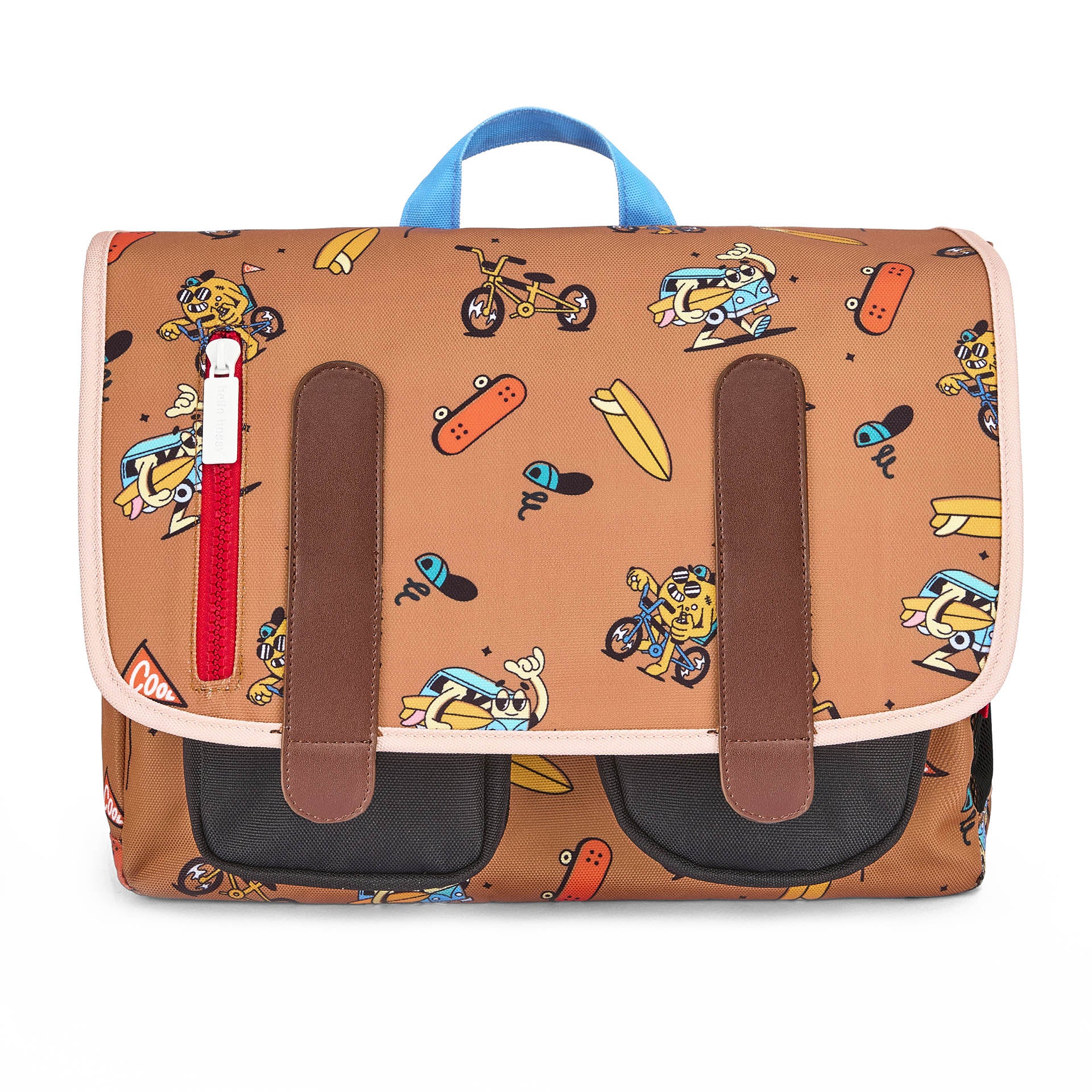 Cartera Escolar infantil marrón motivo mascota bicicleta Hello Hossy