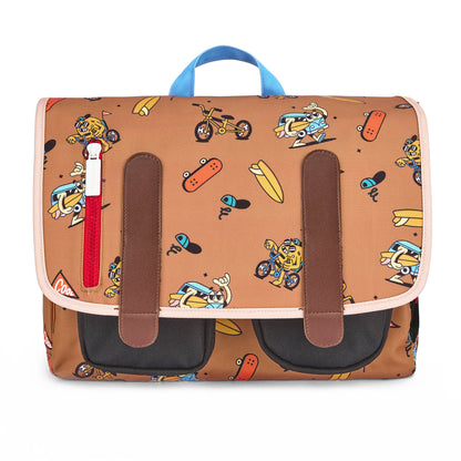 Cartera Escolar infantil marrón motivo mascota bicicleta Hello Hossy