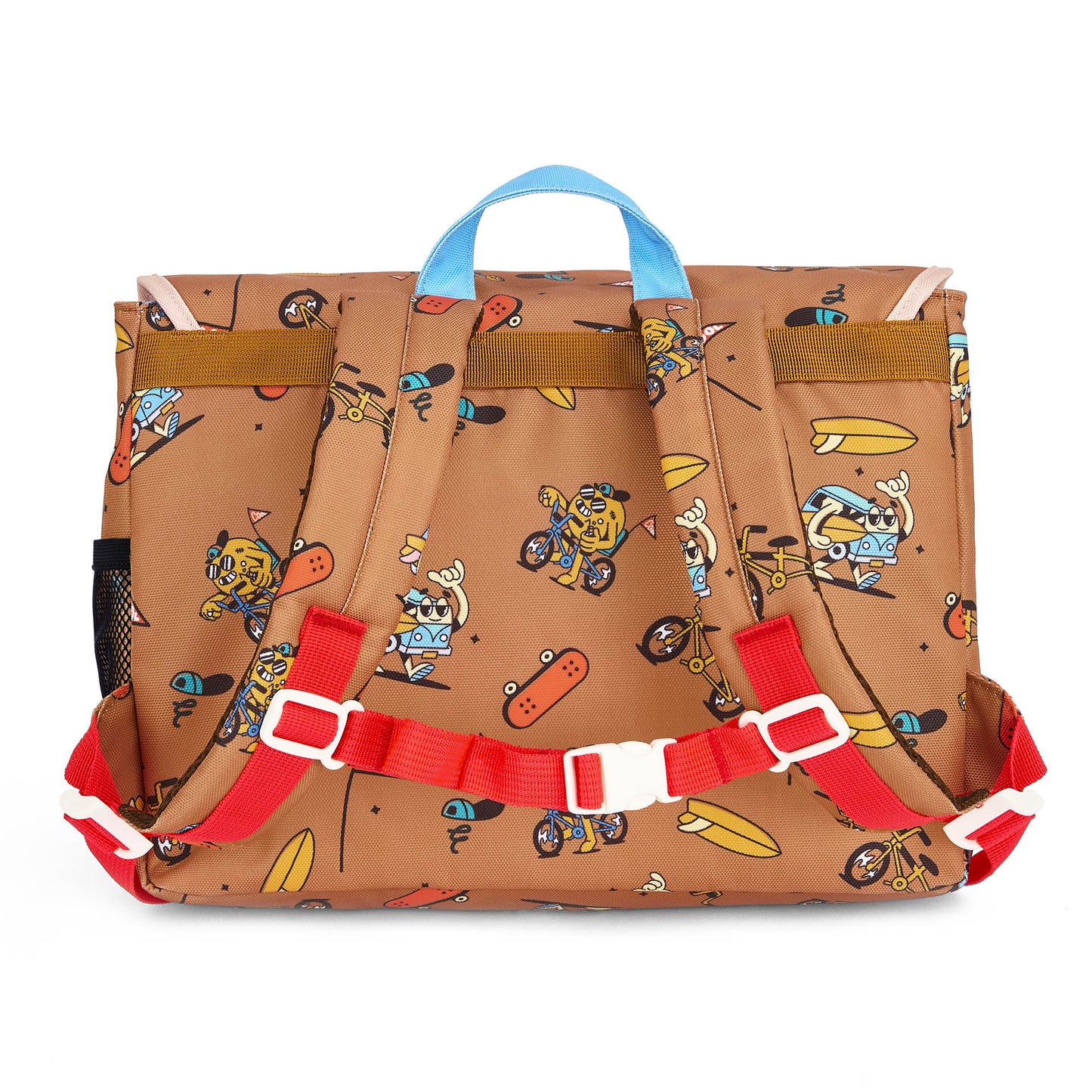 Cartera Escolar infantil marrón estampado mascotas bicicleta Hello Hossy
