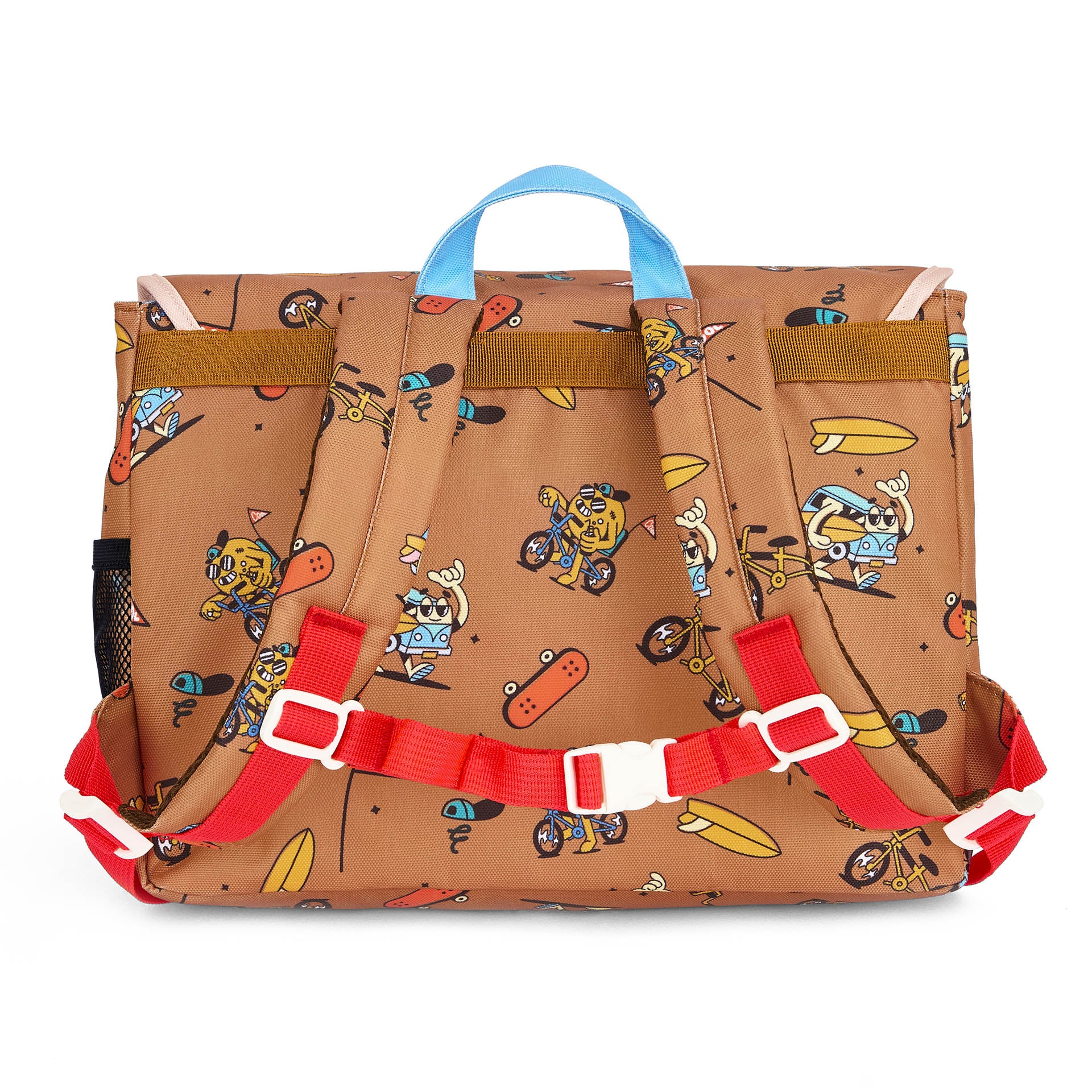 Cartera Escolar infantil marrón estampado mascotas bicicleta Hello Hossy