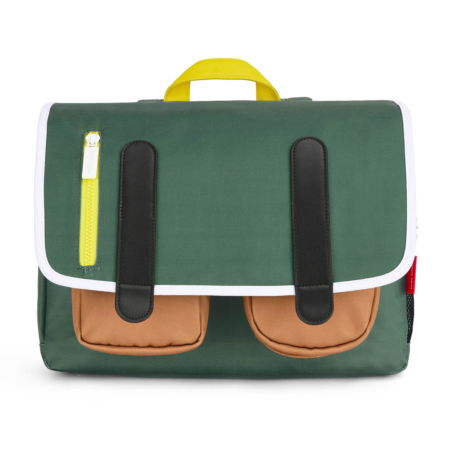 Cartera Escolar infantil verde bolsillos marrón cierre amarillo Hello Hossy