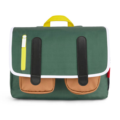 Cartera Escolar infantil verde bolsillos marrón cierre amarillo Hello Hossy