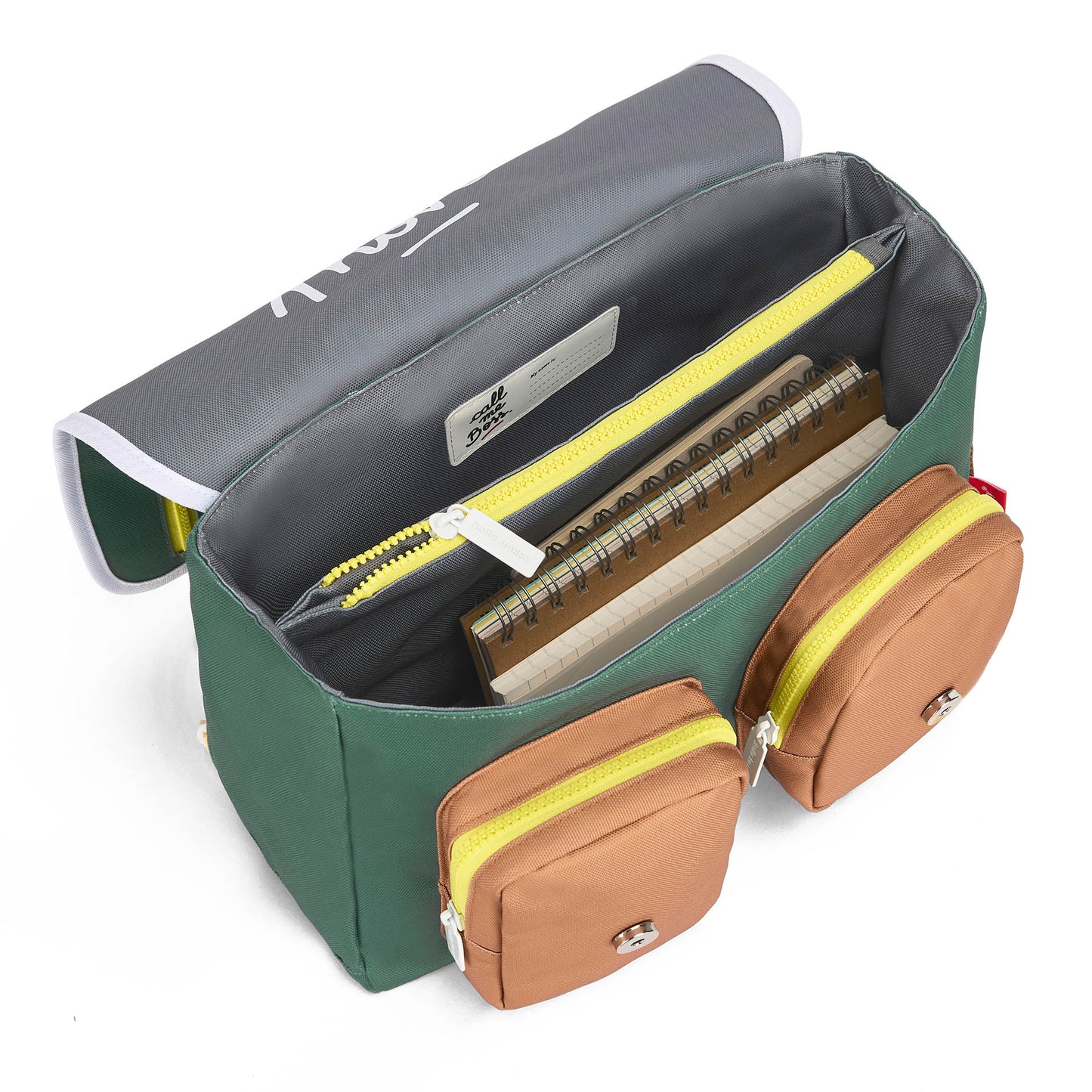 Cartera Escolar infantil verde bolsillos marrón amarillo Hello Hossy