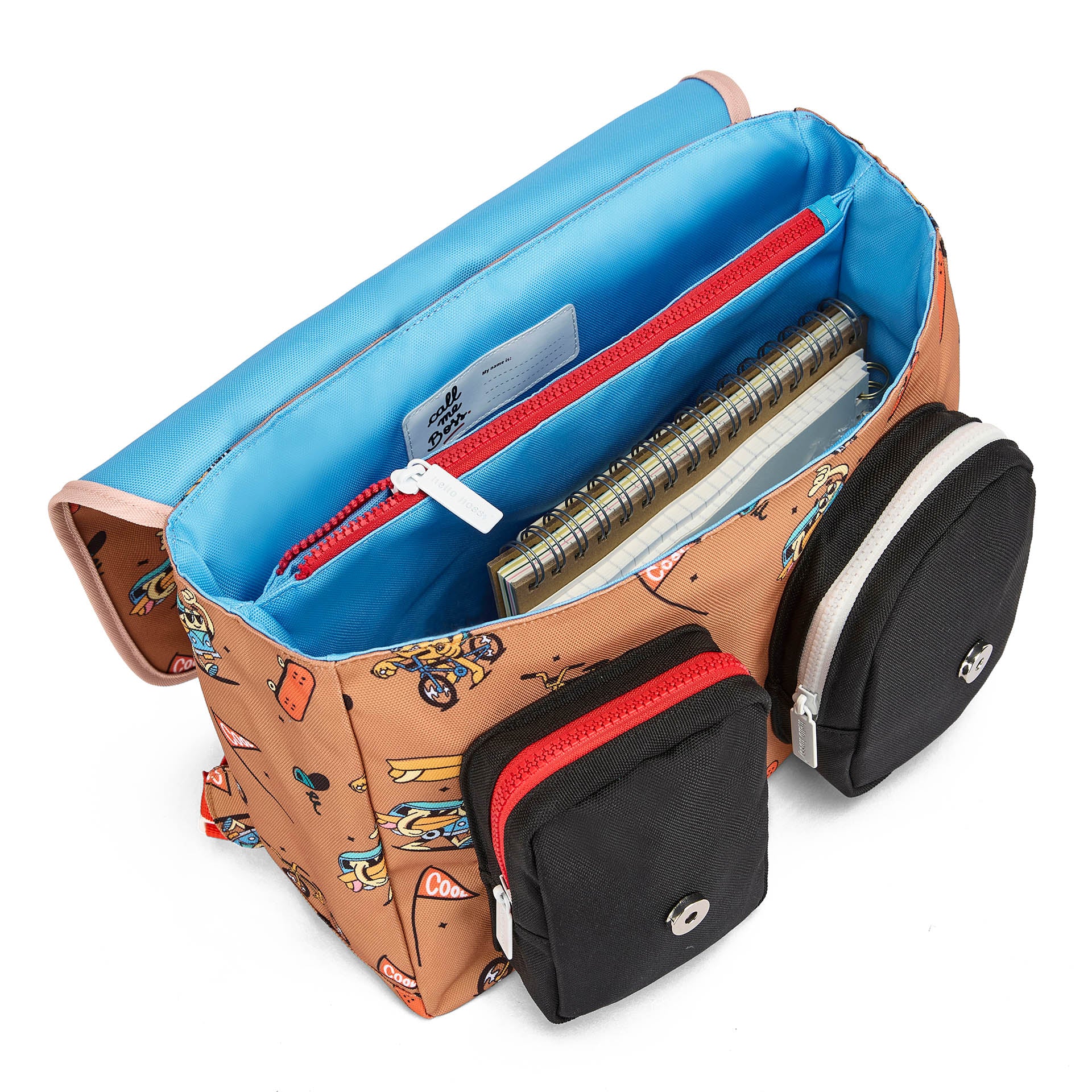 Cartera Escolar infantil marrón estampado mascota bicicleta bolsillos delanteros Hello Hossy
