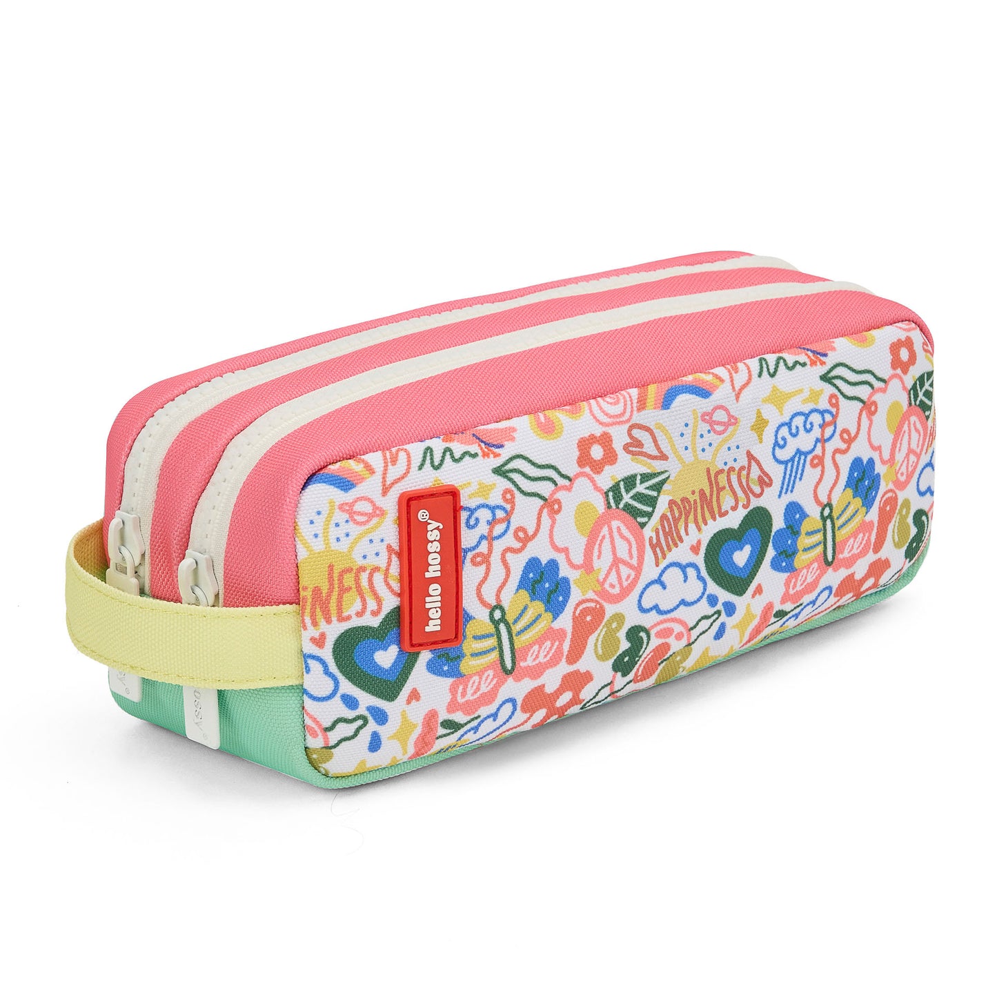 Estuche Escolar infantil blanco verde estampado arte flores doble zip Hello Hossy