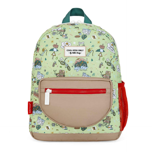 Sac à dos enfant vert motif patchs poche beige filet rouge Hello Hossy