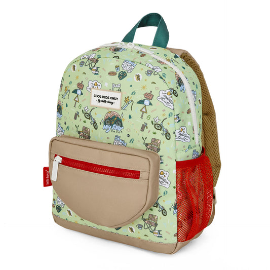 Sac à dos enfant vert motif voyage vélo poche beige filet rouge Hello Hossy