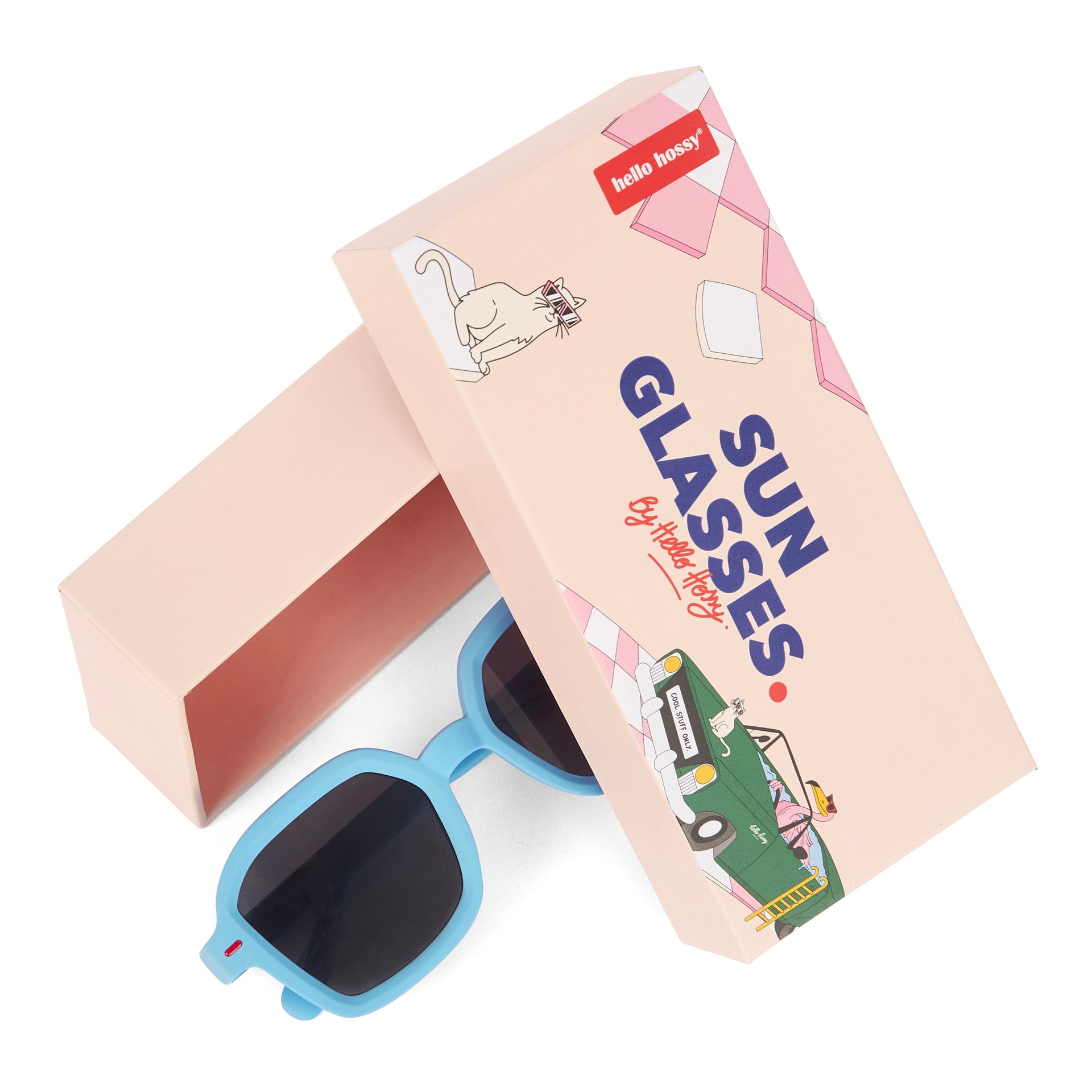 Gafas de sol infantiles azules forma cuadrada con packaging Hello Hossy