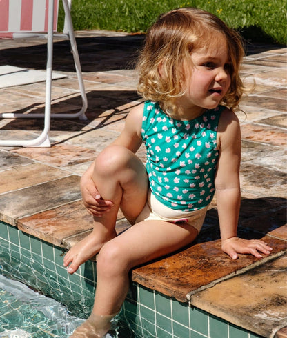 Bañador infantil verde estampado flores amarillo rosa Hello Hossy