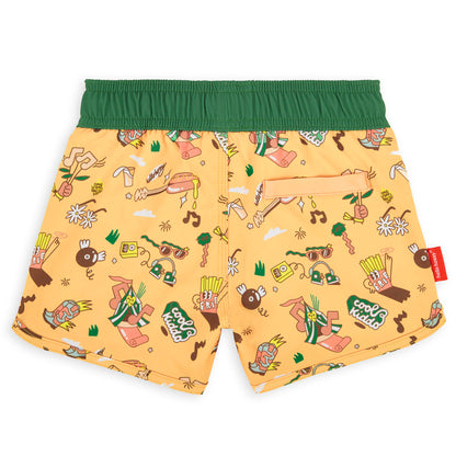 Bañador Short niño camel verde estampado música bolsillo trasero Hello Hossy