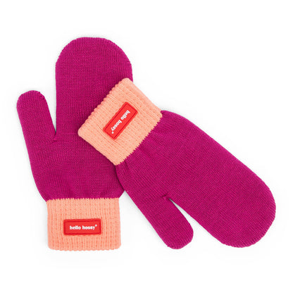 Manoplas infantiles violetas con borde naranja y etiqueta roja Hello Hossy