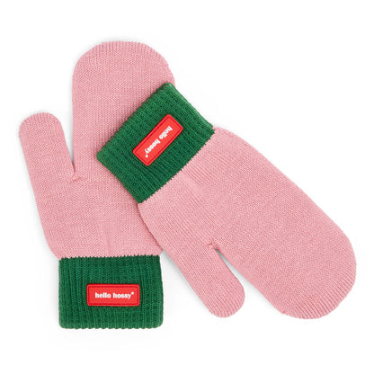 Manoplas infantiles rosas con borde verde y etiqueta roja Hello Hossy