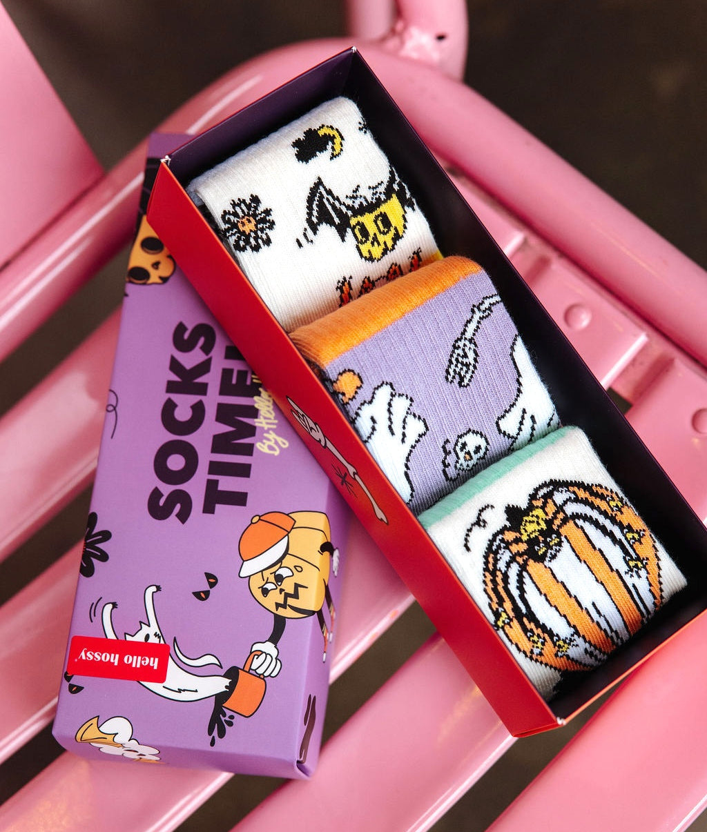 Pack de calcetines infantiles con estampados de Halloween blanco, violeta y naranja Hello Hossy