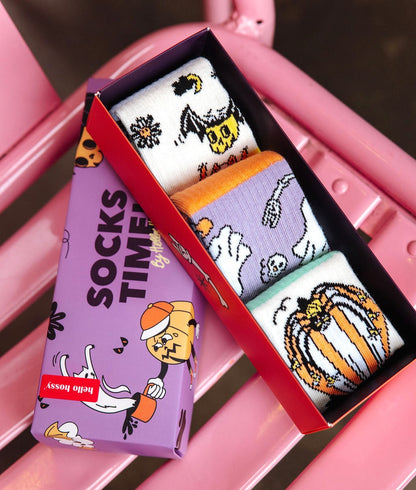 Pack de calcetines infantiles con estampados de Halloween blanco, violeta y naranja Hello Hossy