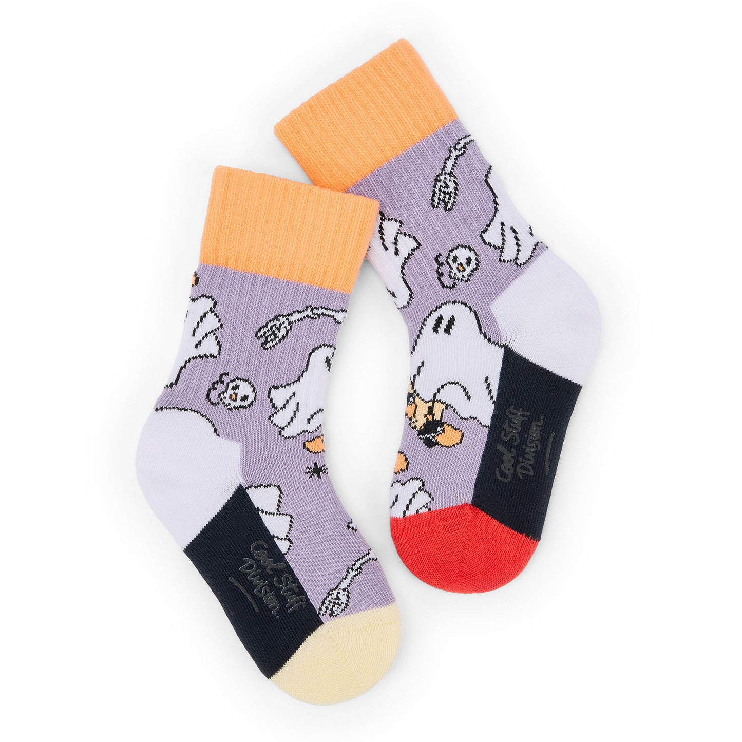Calcetines infantiles violeta con estampados de fantasmas naranja, negro y crema Hello Hossy