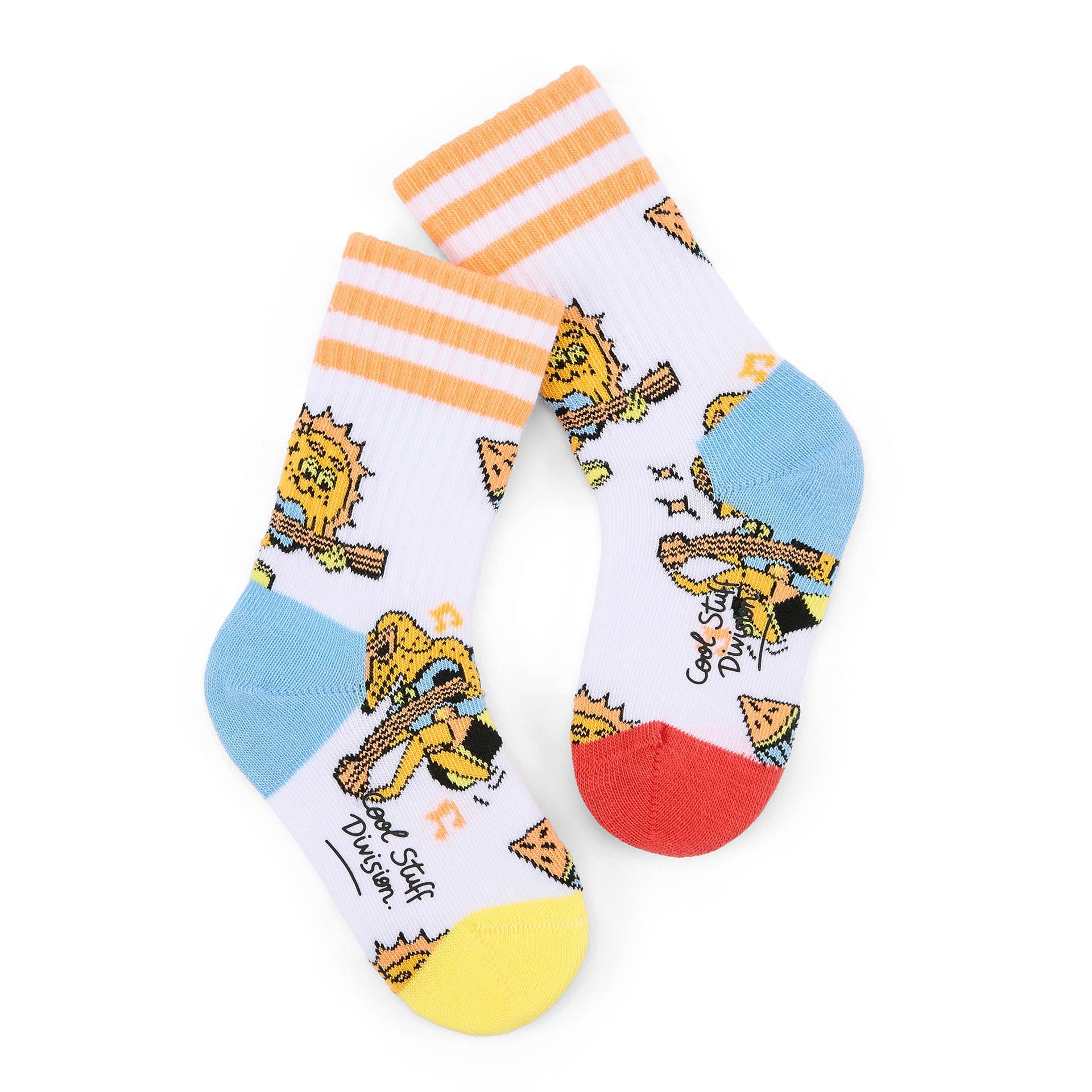 Calcetines infantiles con estampado de música, rayas naranja y blanco, talón azul Hello Hossy