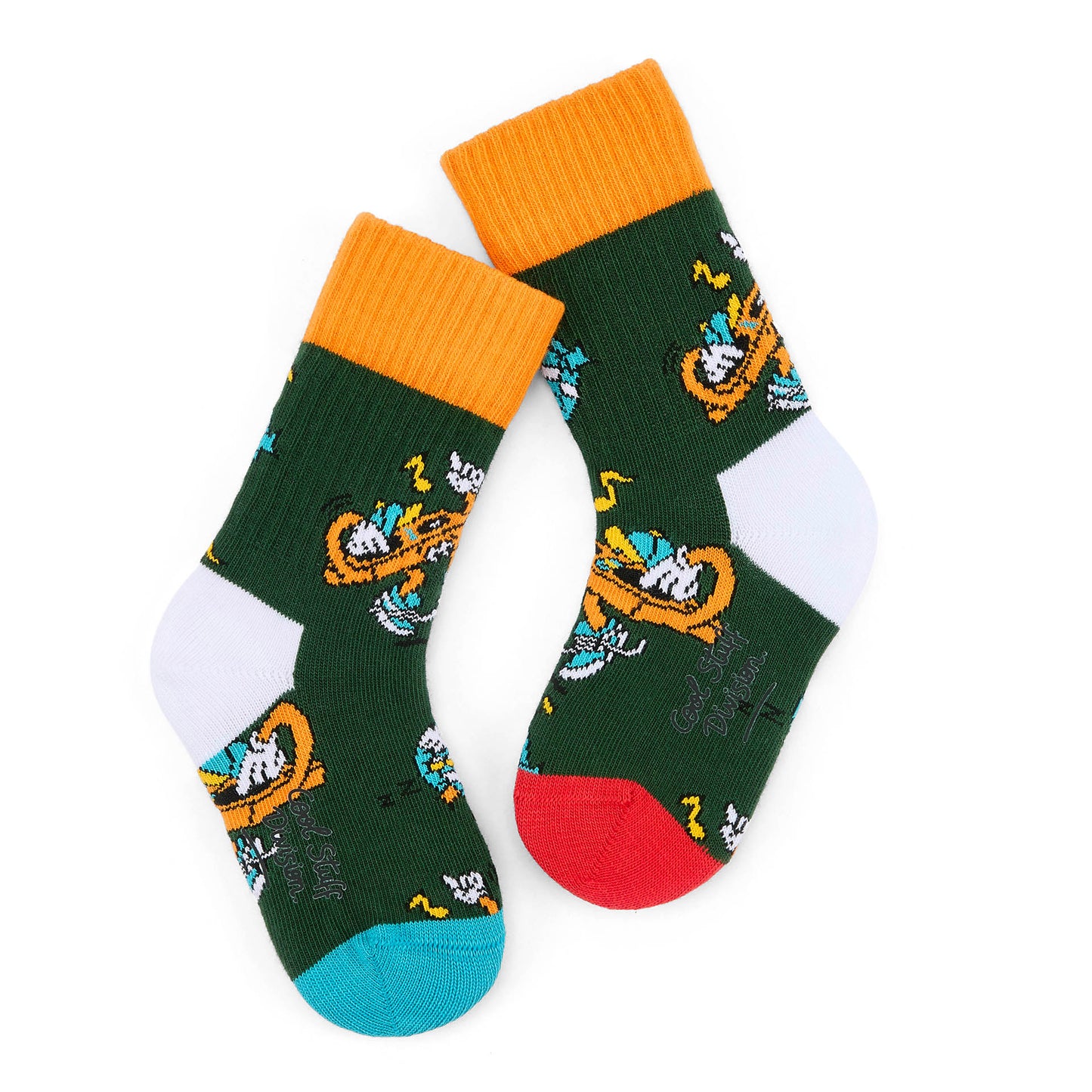 Calcetines infantiles verdes con motivo de música, talón rojo y azul Hello Hossy