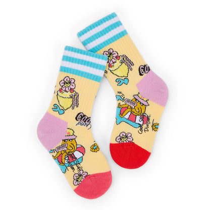 Calcetines infantiles amarillos con estampados de flores, personaje rojo y azul Hello Hossy