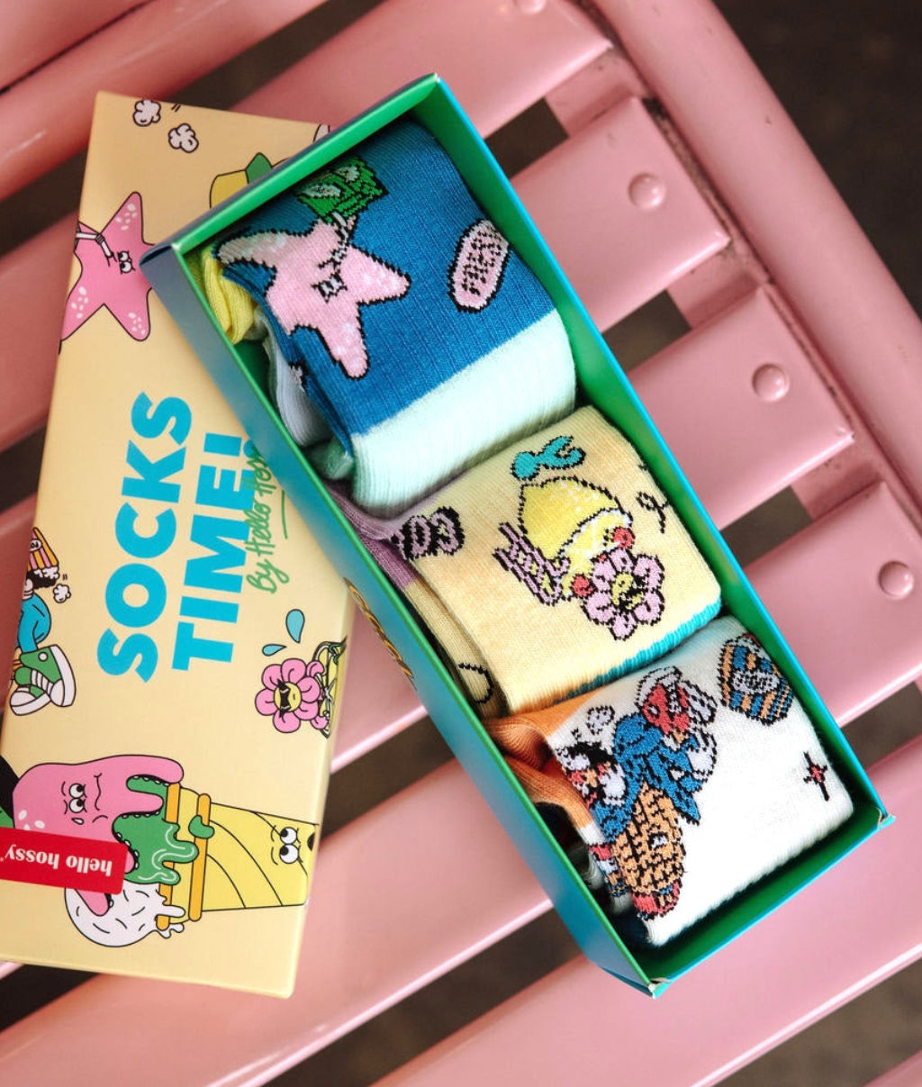 Calcetines infantiles con estampados de mascota coloridos, pack de tres Hello Hossy