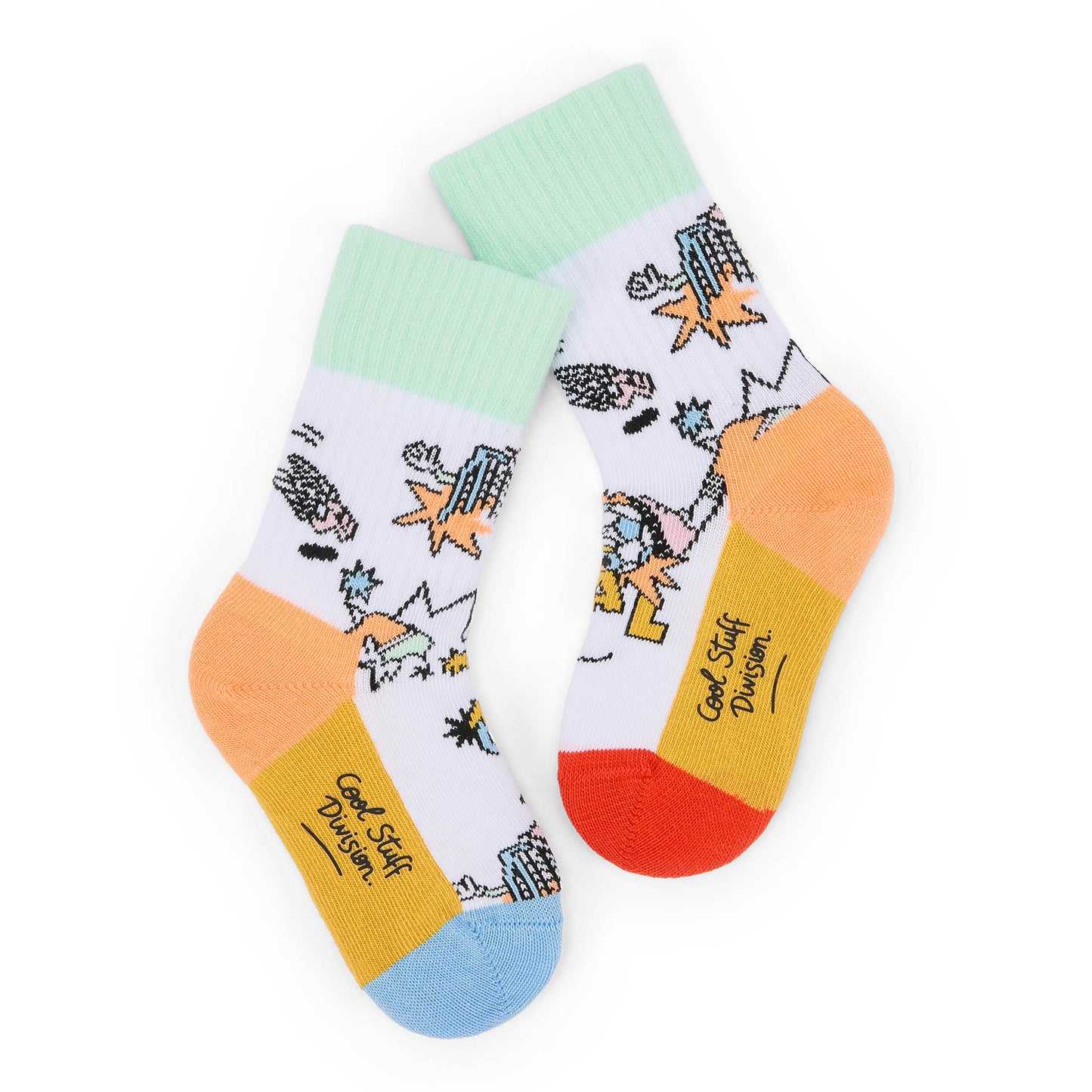 Calcetines infantiles blancos con estampados deportivos multicolores, talón naranja Hello Hossy