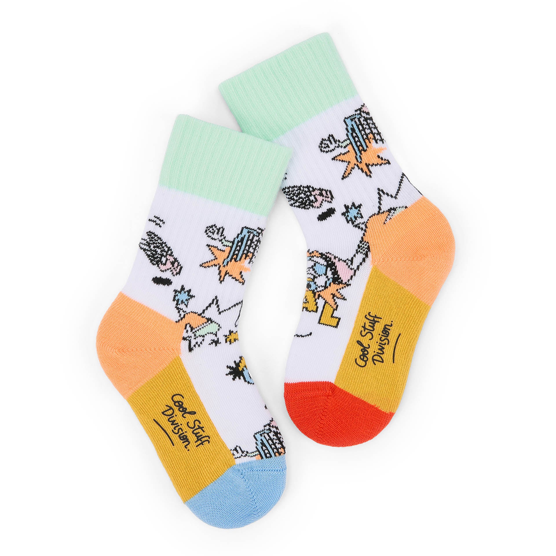 Calcetines infantiles blancos con estampados deportivos multicolores, talón naranja Hello Hossy