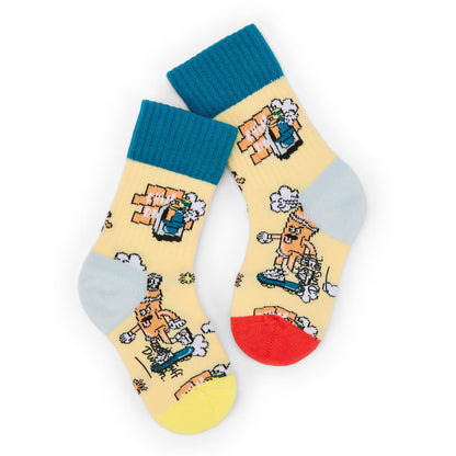 Calcetines infantiles amarillos con estampado de deporte, talón azul y rojo Hello Hossy
