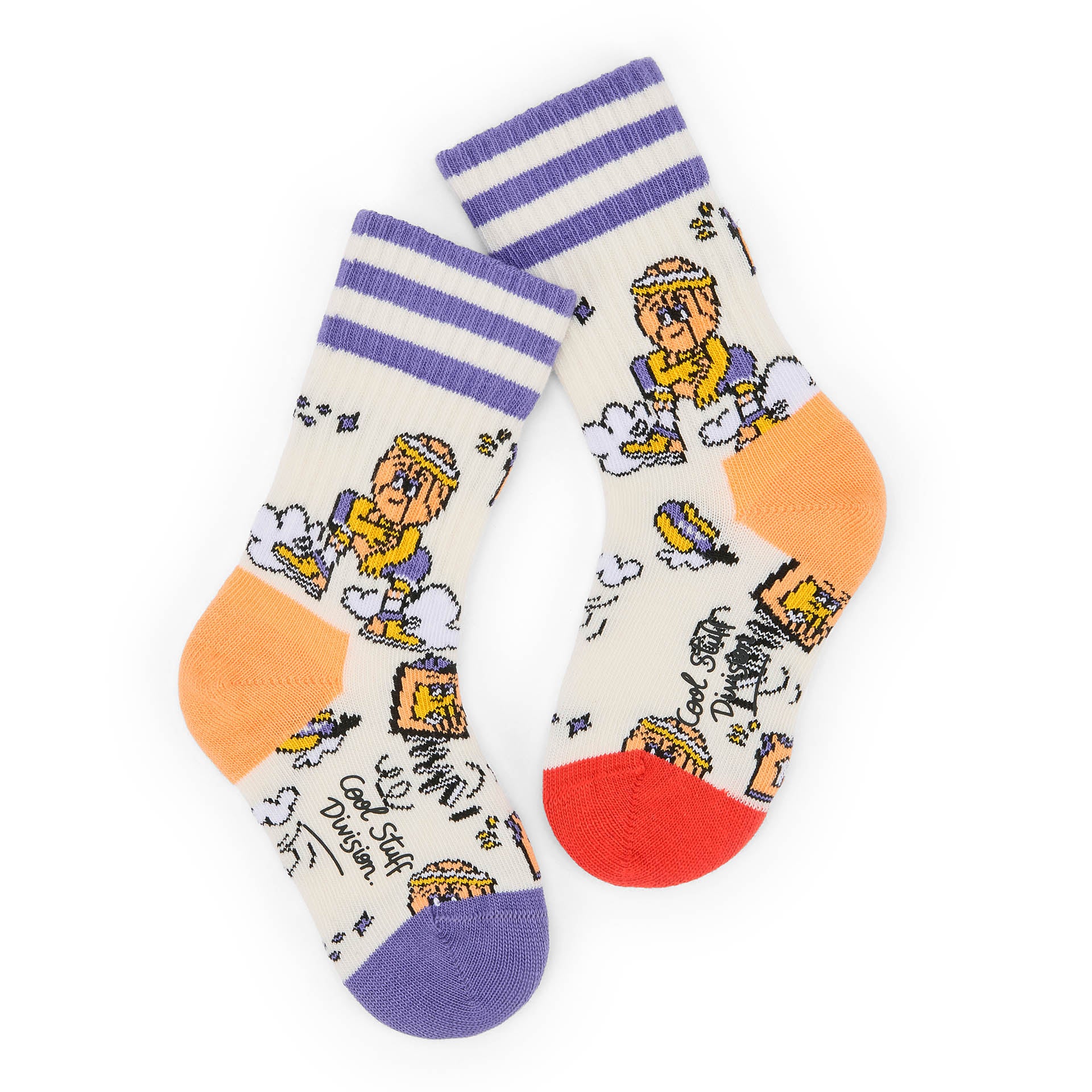 Calcetines infantiles crema con motivo de deporte y detalles naranja y violeta Hello Hossy
