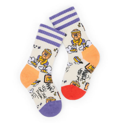 Calcetines infantiles crema con motivo de deporte y detalles naranja y violeta Hello Hossy