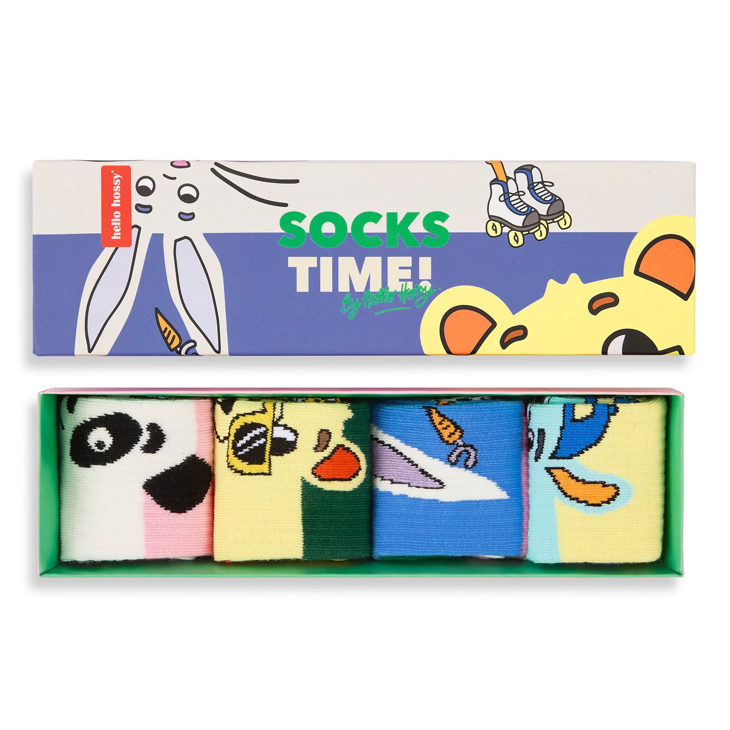 Pack de 4 paires de chaussettes pour enfant motifs mascottes dans leur coffret – vue du dessus