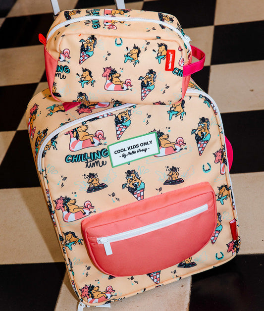 Maleta infantil estampado unicornios melocotón bolsillo coral neceser a juego Hello Hossy
