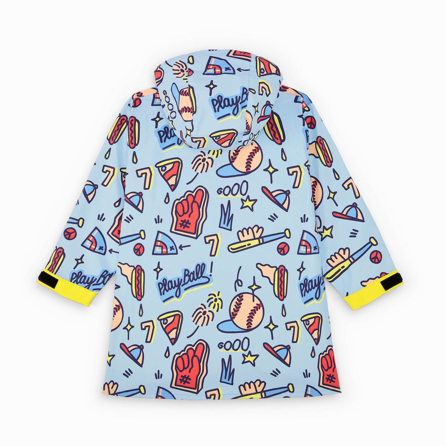 Poncho impermeable infantil azul con estampado de deporte baseball y bolsillos amarillos Hello Hossy
