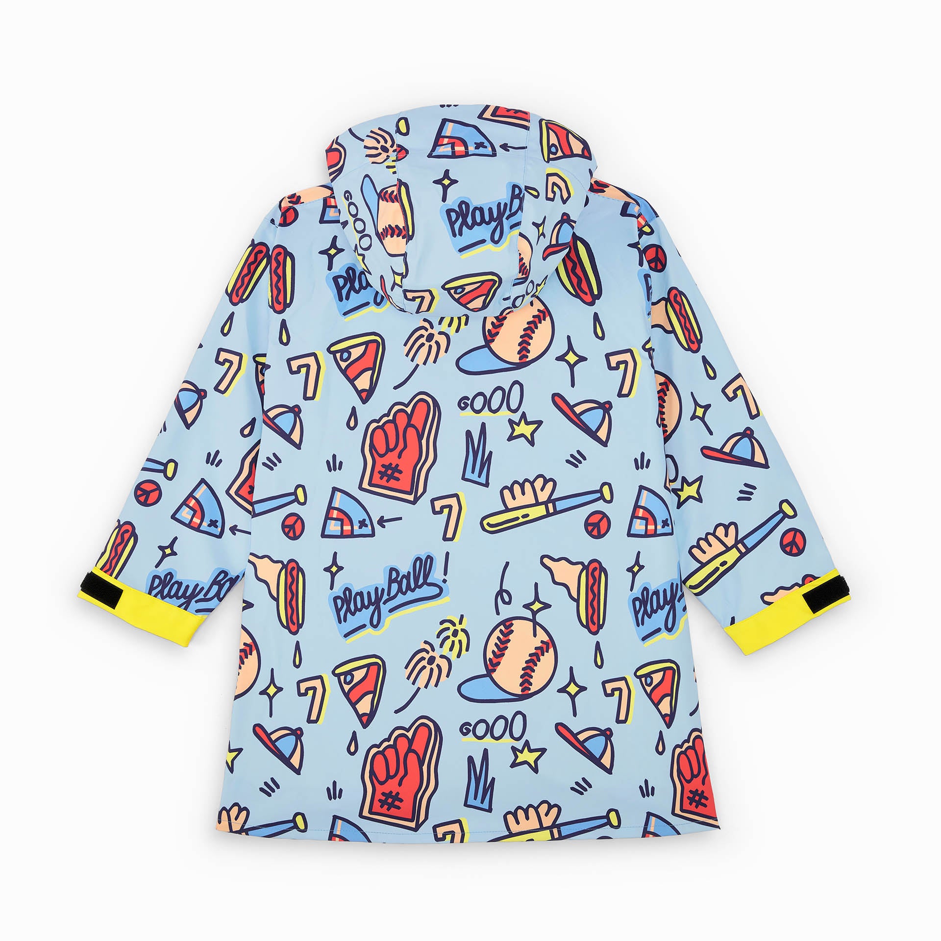 Poncho impermeable infantil azul con estampado de deporte baseball y bolsillos amarillos Hello Hossy