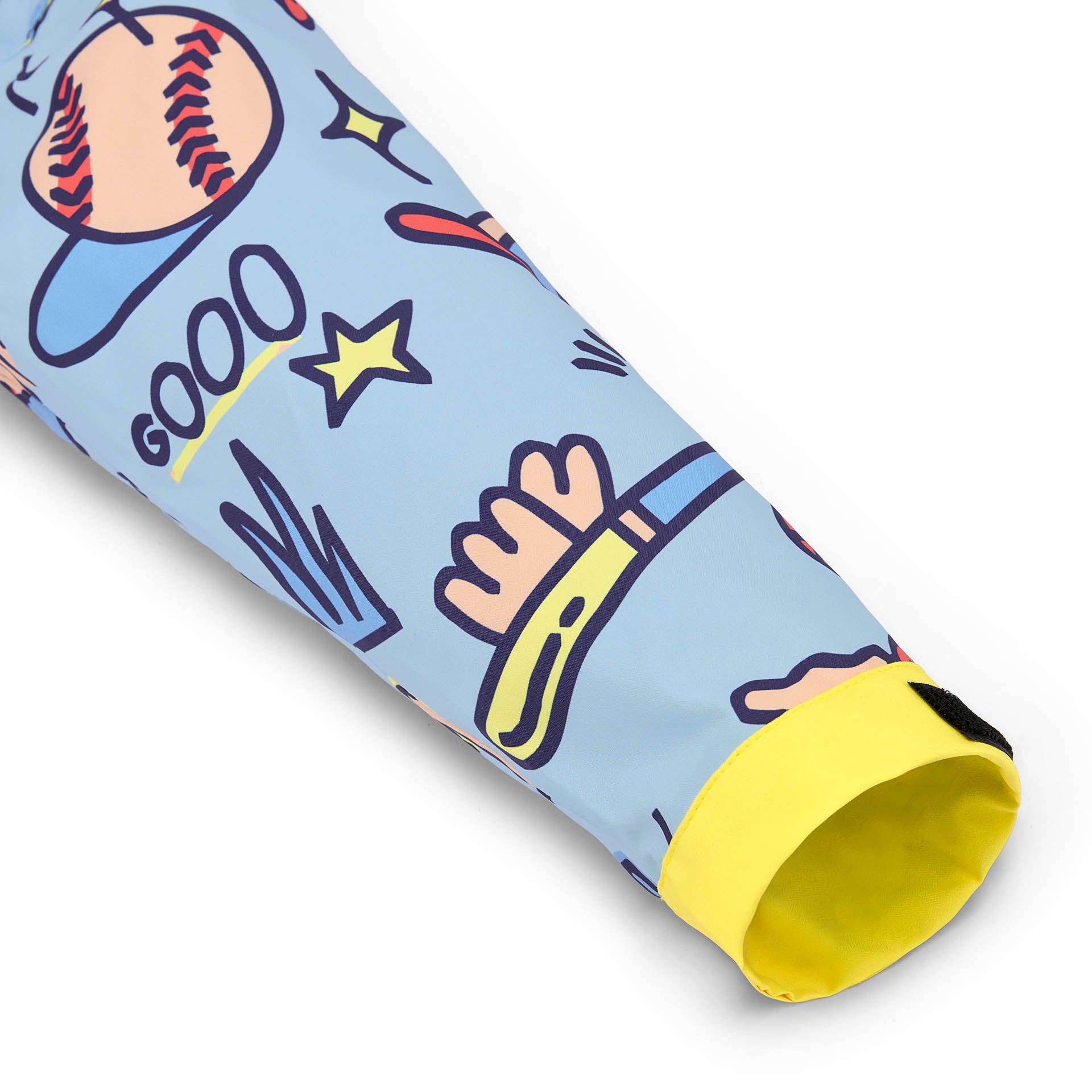 Manga de poncho impermeable infantil azul con estampado de baseball y puño amarillo Hello Hossy