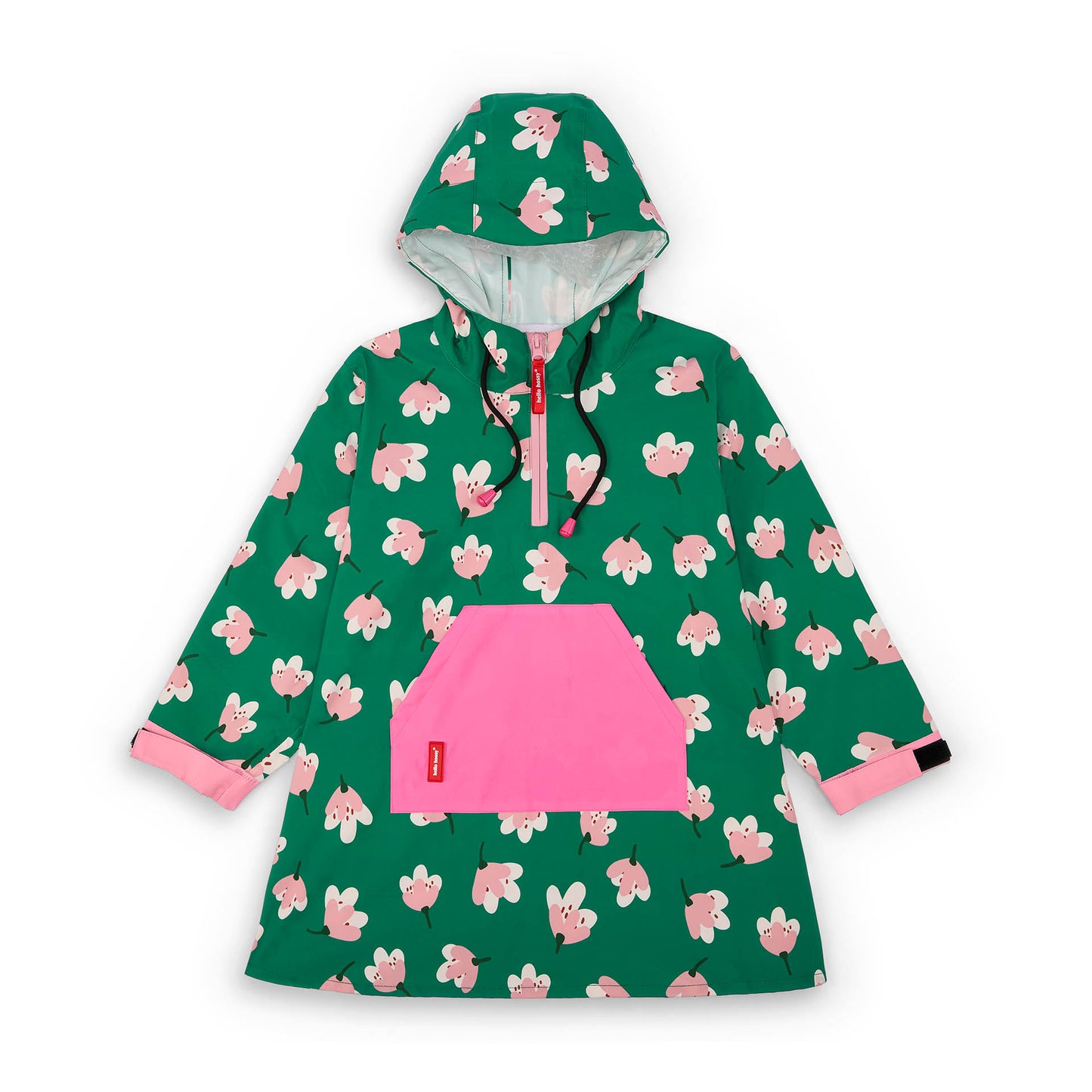 Poncho impermeable infantil verde estampado de flores, bolsillo rosa, capucha ajustable Hello Hossy