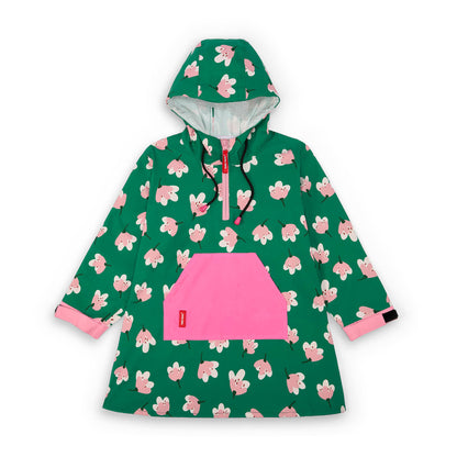 Poncho impermeable infantil verde estampado de flores, bolsillo rosa, capucha ajustable Hello Hossy