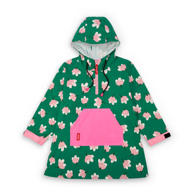 Poncho impermeable infantil verde estampado de flores, bolsillo rosa, capucha ajustable Hello Hossy