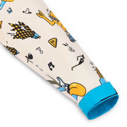 Manga de poncho impermeable infantil crema con estampados de música y borde azul Hello Hossy
