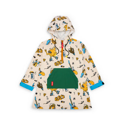 Poncho impermeable infantil crema estampado de música con bolsillo canguro verde Hello Hossy