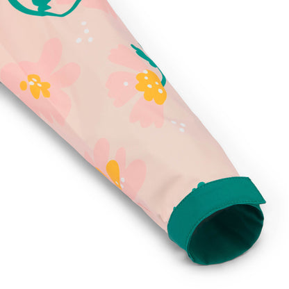 Manga de poncho infantil rosa con estampados de flores y cierre verde Hello Hossy
