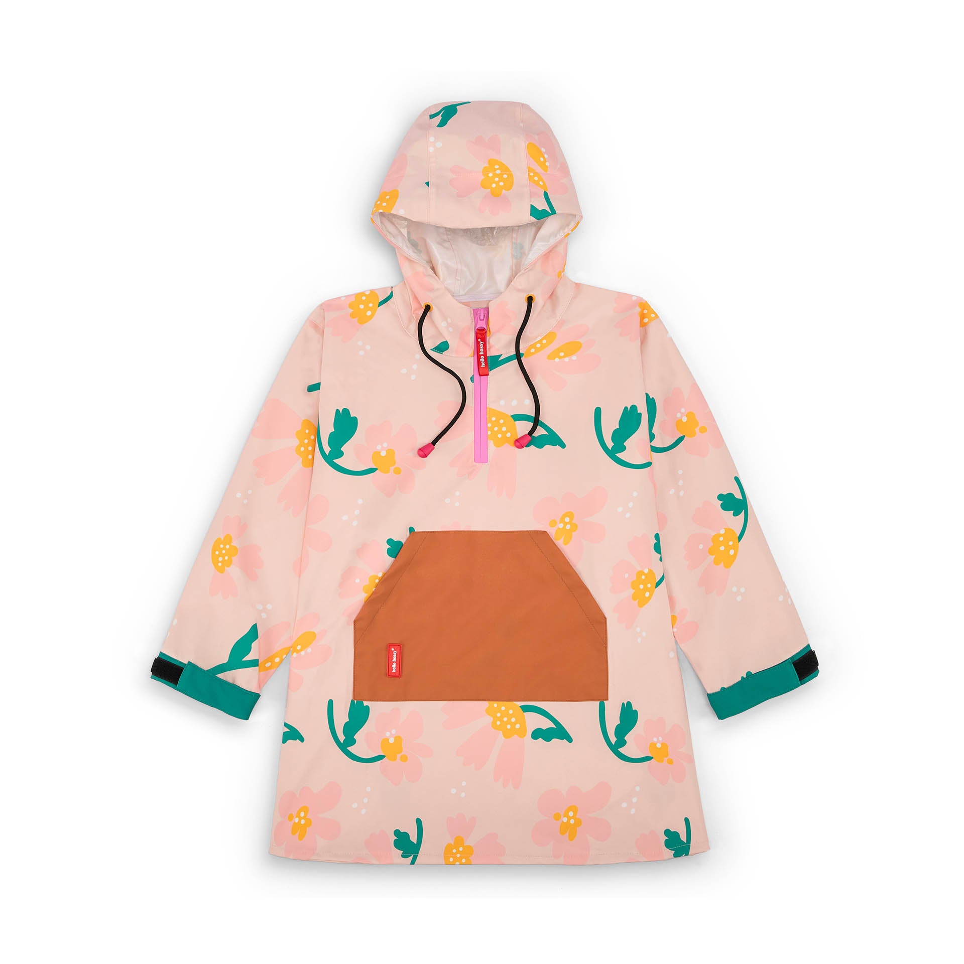 Poncho impermeable infantil rosa con estampado de flores y bolsillo Camel Hello Hossy