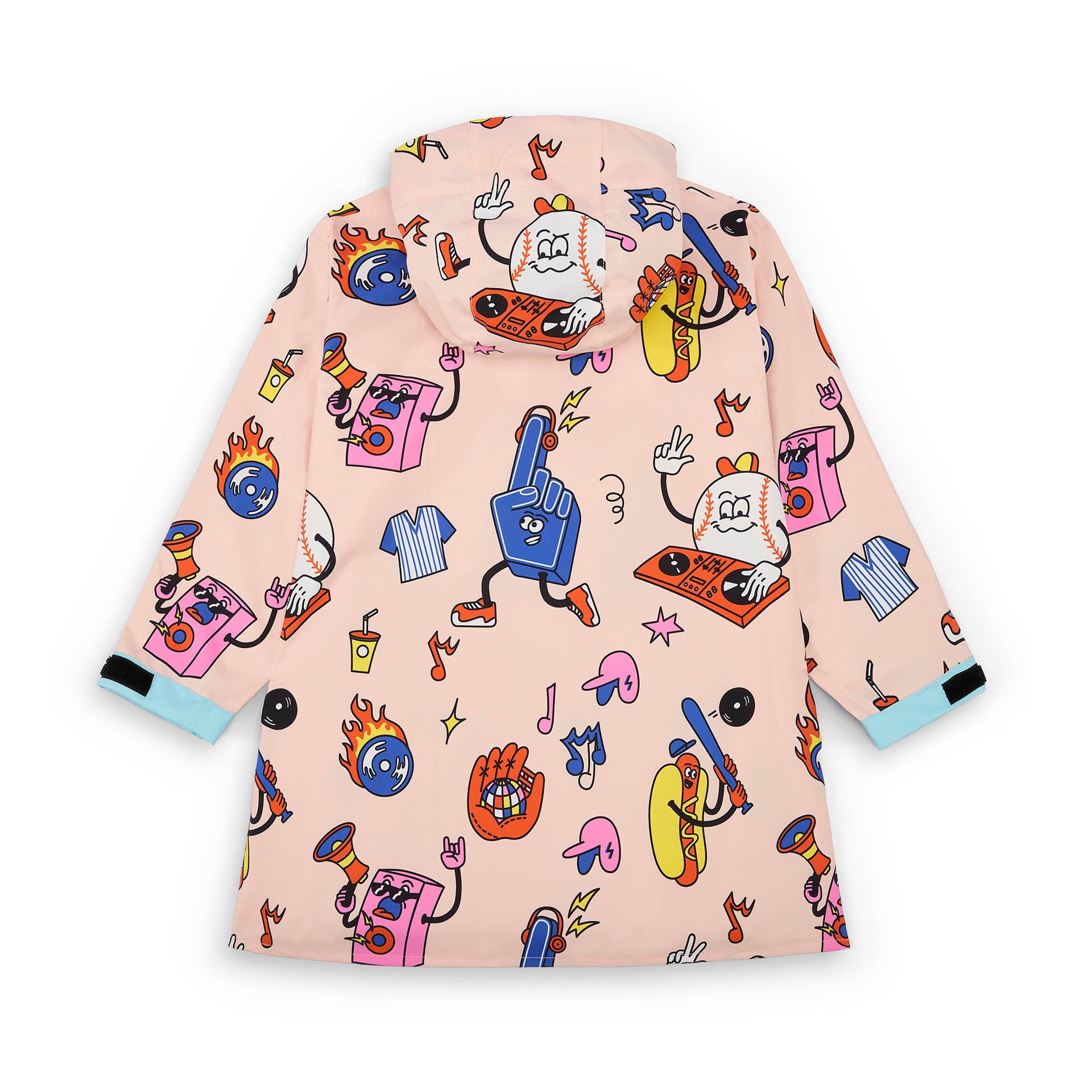 Poncho impermeable infantil crema con estampado de deporte comida y mangas azules Hello Hossy